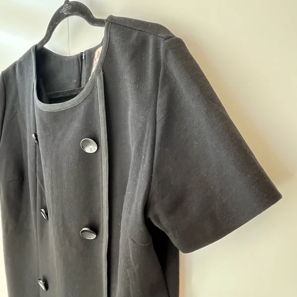 Vintage 1960s Black Wool Dress Mod Military Style Union Made in Canada approx 18 - Picture 9 of 14